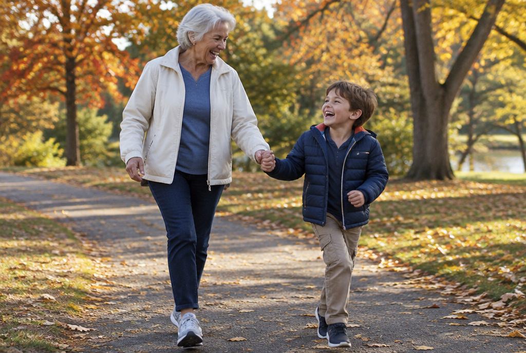 A smiling grandmother walks hand in hand with her laughing grandson on an autumn park path