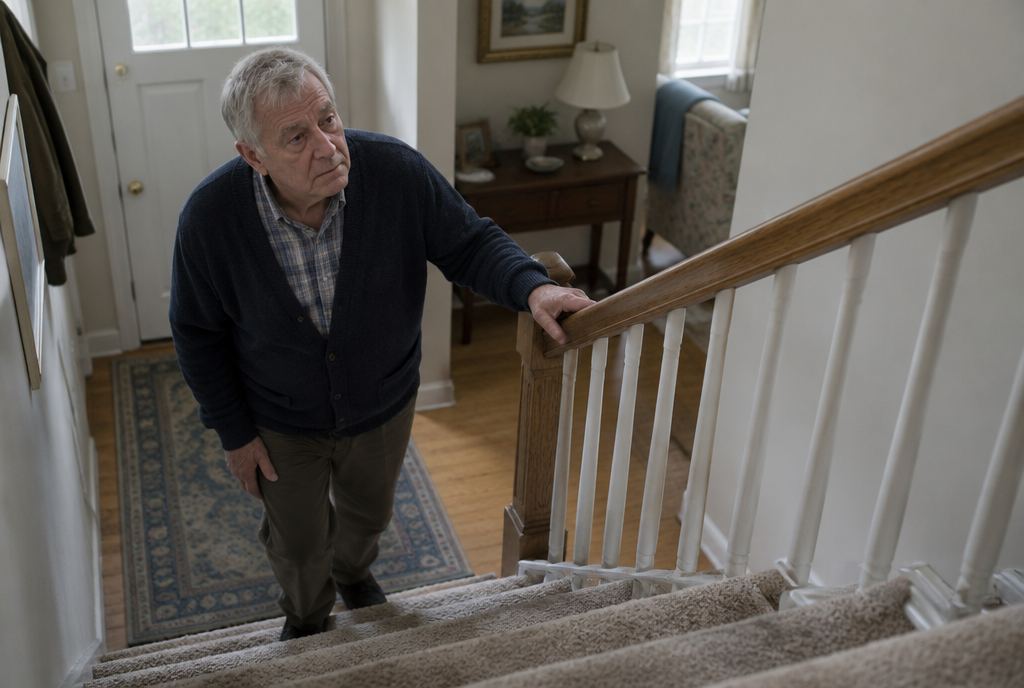 A gray-haired man holds the stair railing and looks up the staircase, hesitant